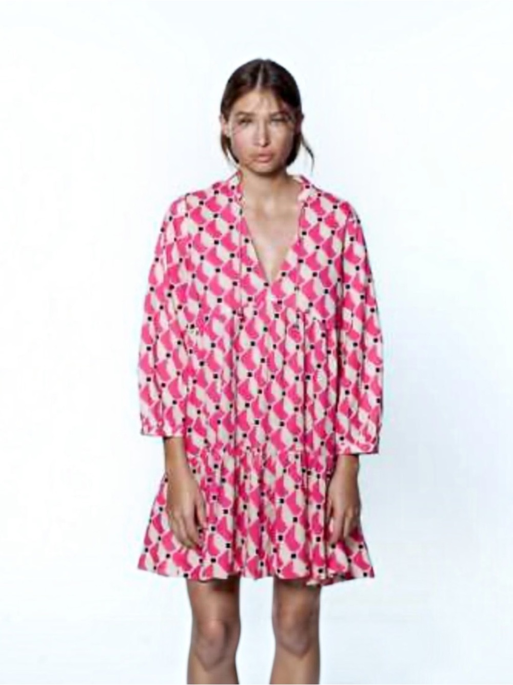 ZARA The Mini Cadie Dress Pink Geometric Print Tiered Boho Cotton Size S